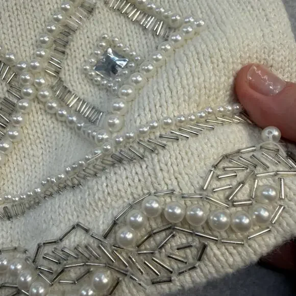 Cervelle Women's Sweater Cream S Ramie Cotton Beaded Embellished Rhinestones - Picture 5 of 11